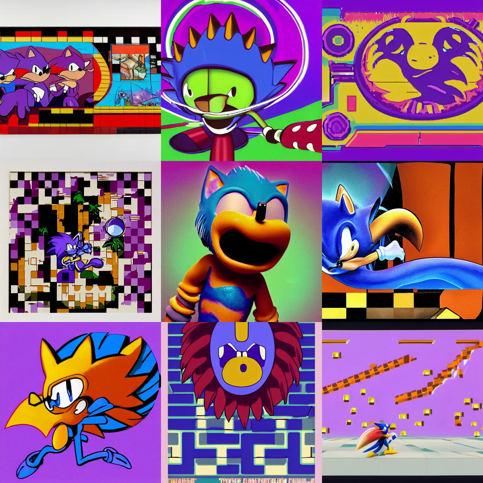 Prompt: sonic hedgehog portrait deconstructivist claymation scifi mushy soggy noxious matte painting lowbrow tongue surreal ruthless sonic hedgehog, airbrush art sonic the hedgehog swimming through tasteless dreams purple totally radical squeamish checkerboard background 1 9 8 0 s 1 9 8 2 sega