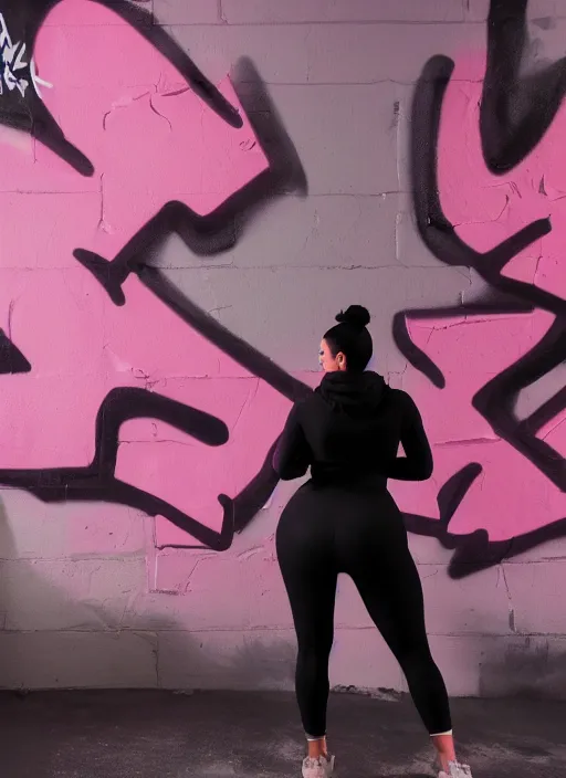 Image similar to kim kardashian doing graffiti mural in a derelict room, dust mist, rear-shot, pov from behind, very tight white leggings with a pink hoody with hood up, mold, intricate, epic lighting, cinematic composition, hyper realistic, 8k resolution, unreal engine 5