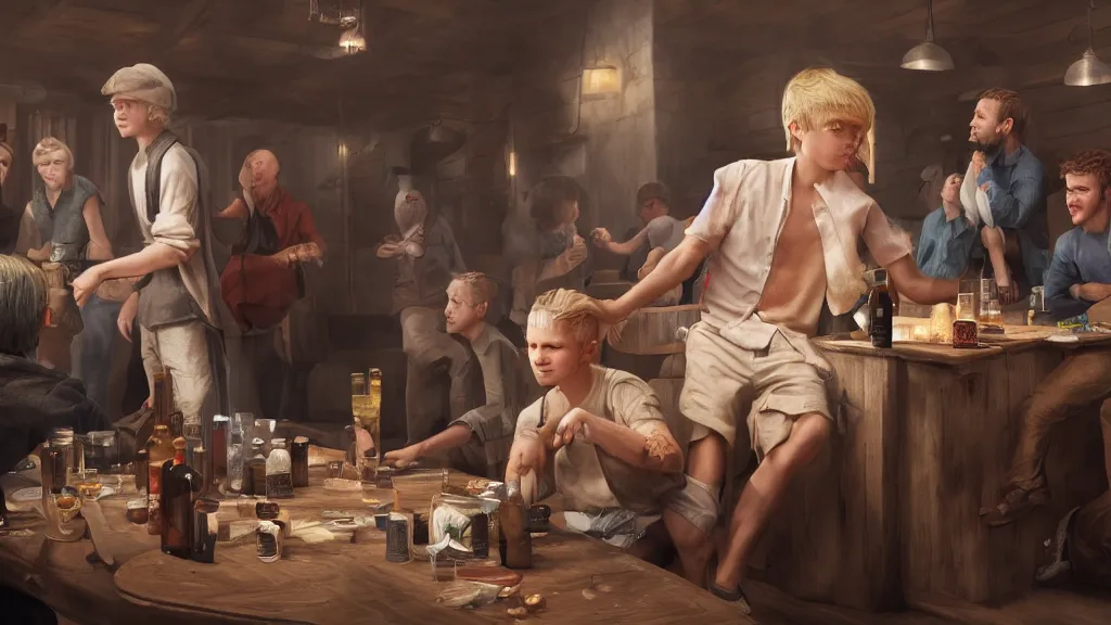 Image similar to A young blonde boy thief in a tavern surrounded by friends, octane render, high detail, photorealistic, High details,4k