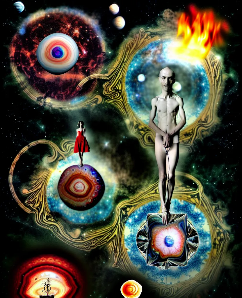 Image similar to inside the universe of a human body soul, whimsical uncanny creature alchemizes unique canto about'as above so below'being ignited by the spirit of haeckel and robert fludd, breakthrough is iminent, glory be to the magic within, to honor jupiter, surreal collage by ronny khalil