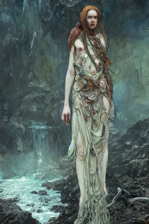 Prompt: a full body portrait of a beautiful post apocalyptic offworld neoicelandic biofarmer swimming by the waterfalls, intricate, elegant, highly detailed, digital painting, artstation, concept art, smooth, sharp focus, illustration, art by krenz cushart and artem demura and alphonse mucha