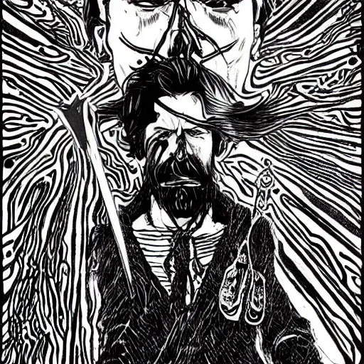 Image similar to black and white pen and ink!!!! rugged royal! golden dawn goetic Frank Zappa x Ryan Gosling golden!!!! Vagabond!!!! floating magic swordsman!!!! glides through a beautiful!!!!!!! battlefield dramatic esoteric!!!!!! pen and ink!!!!! illustrated in high detail!!!!!!!! by Junji Ito and Hiroya Oku!!!!!!!!! graphic novel published on 2049 award winning!!!! full body portrait!!!!! action exposition manga panel black and white Shonen Jump issue by David Lynch and Ari Aster beautiful line art Araki