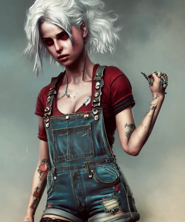 Image similar to full body pose, grungy ciri, torn overalls, short shorts, combat boots, fishnets, beautiful, highly detailed face, true anatomy!, extremely detailed!, digital painting, unreal engine 5, art by tom bagshaw