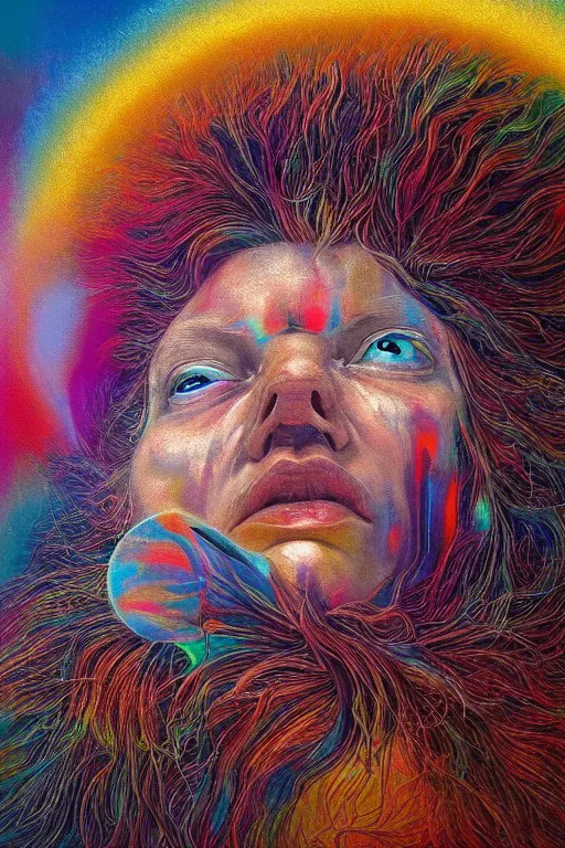 Image similar to hyperrealistic abstract close-up Renaissance psychedelic!! celestial happy! pure creature!! peaceful! kind spirit of nature! beautiful fractal!! eyes! highly detailed concept art eric zener elson peter cinematic hard rainbow lighting high angle hd 8k sharp shallow depth of field endless, inspired by Zdzisław Beksiński Salvador Dali