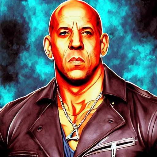 Image similar to Digital painting of Vin Diesel wearing strange clothes walking like a Italian model in JoJo\'s Bizzare Adventure anime style, official media from JoJo\'s Bizzare Adventure, highly detailed, sharp focus, screentone shading, sligthly hard shadows, 1990 manga panel, trending on ArtStation, manga cover art by Hirohiko Araki