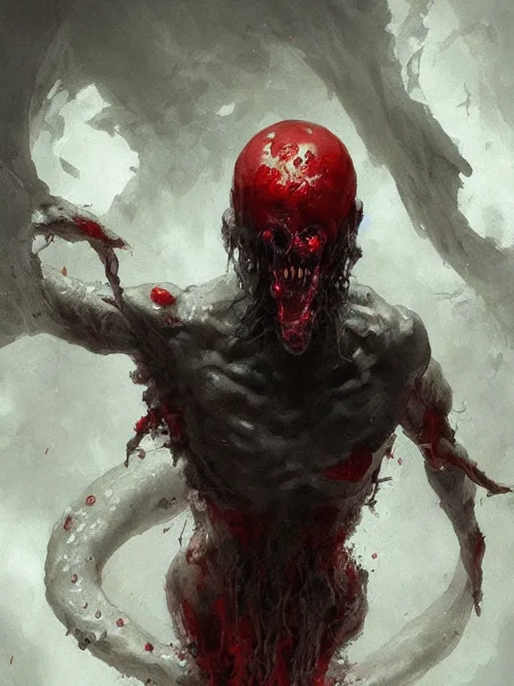 Image similar to painting by greg rutkowski a flying human head with tears running down it's face face that is chalk white in color, with long white!! tentacles!! coming out of the neck, fiery scorching red eyes, flying in a terrying hellish dark cavernous place