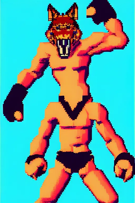 Image similar to full body shot antropomorphic muscular masculine furr wolf. kickboxer, in shorts. wolf head. furr on body. 8 bit nes graphics. vaporwave futuristic 8 0's