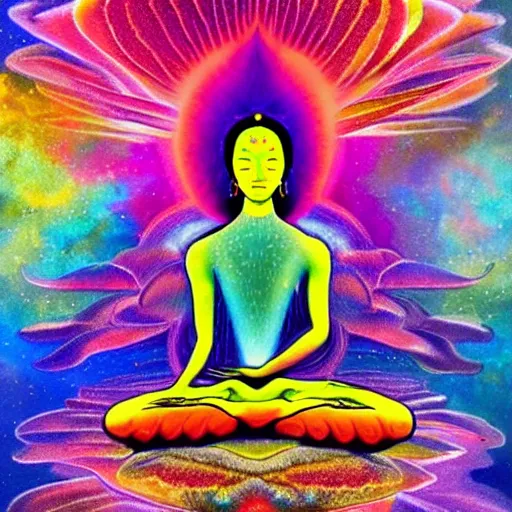 Image similar to human meditating supreme peace immense knowledge infinite color dmt art