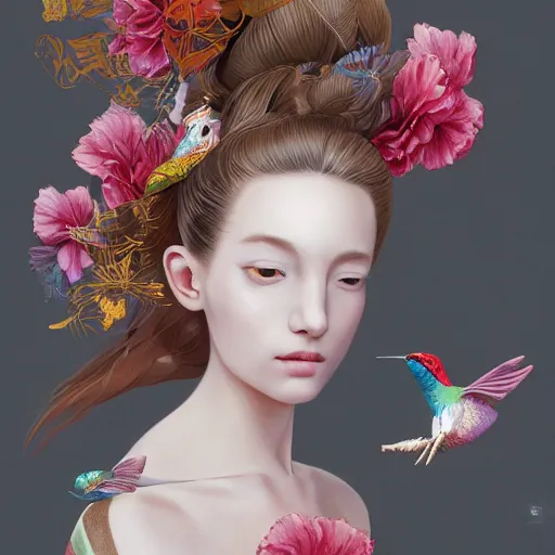 Prompt: 3 / 4 view of a beautiful girl wearing an origami dress, eye - level medium shot, fine floral ornaments in cloth and hair, hummingbirds, elegant, by eiko ishioka, givenchy, tsuguharu foujita, by peter mohrbacher, centered, fresh colors, origami, fashion, detailed illustration, vogue, japanese, reallusion character creator