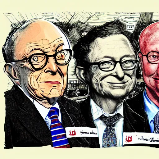 Image similar to Jacob Rothschild and george soros and bill gates and Klaus Schwab by Ralph Steadman illustration dollar bills, body horror, evil, scribbles biopunk, 8k , trending on artstation