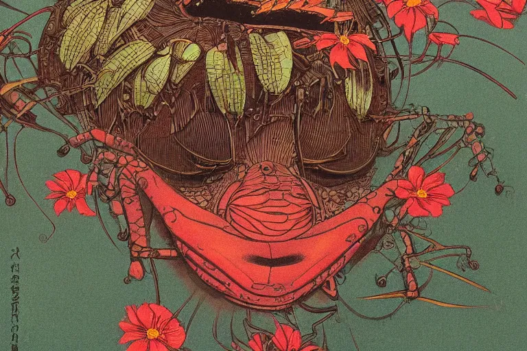 Image similar to gigantic mechanical dragonfly head human faces catch tiny frogs, a lot of exotic flowers around, human tears everywhere, risograph by kawase hasui, dirtyrobot, edward hopper, satoshi kon and moebius, colorful flat surreal design, super - detailed, a lot of tiny details, fullshot, grainy