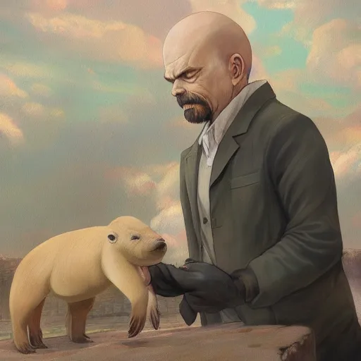 Image similar to an epic painting of vladimir lenin petting capybara, oil on canvas, anime style, makoto shinkai, animation film, beautiful detailed, photorealistic, deep focus, fantasy, intricate, elegant, highly detailed, digital painting, concept art, illustration