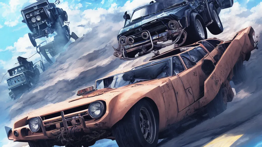 Image similar to anime illustration of mad max's fj 4 0 pursuit special, the last v 8 interceptor driving down to the gates of valhalla highway, riding fury road eternal shiny and chrome, world of fire and blood, by makoto shinkai, ilya kuvshinov, lois van baarle, rossdraws, basquiat, global illumination ray tracing hdr