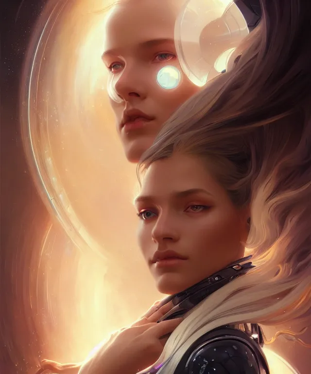 Image similar to futuristic young woman portrait, sci-fi, amber eyes, face, long hair, fantasy, intricate, elegant, highly detailed, digital painting, artstation, concept art, smooth, sharp focus, illustration, art by artgerm and greg rutkowski and alphonse mucha