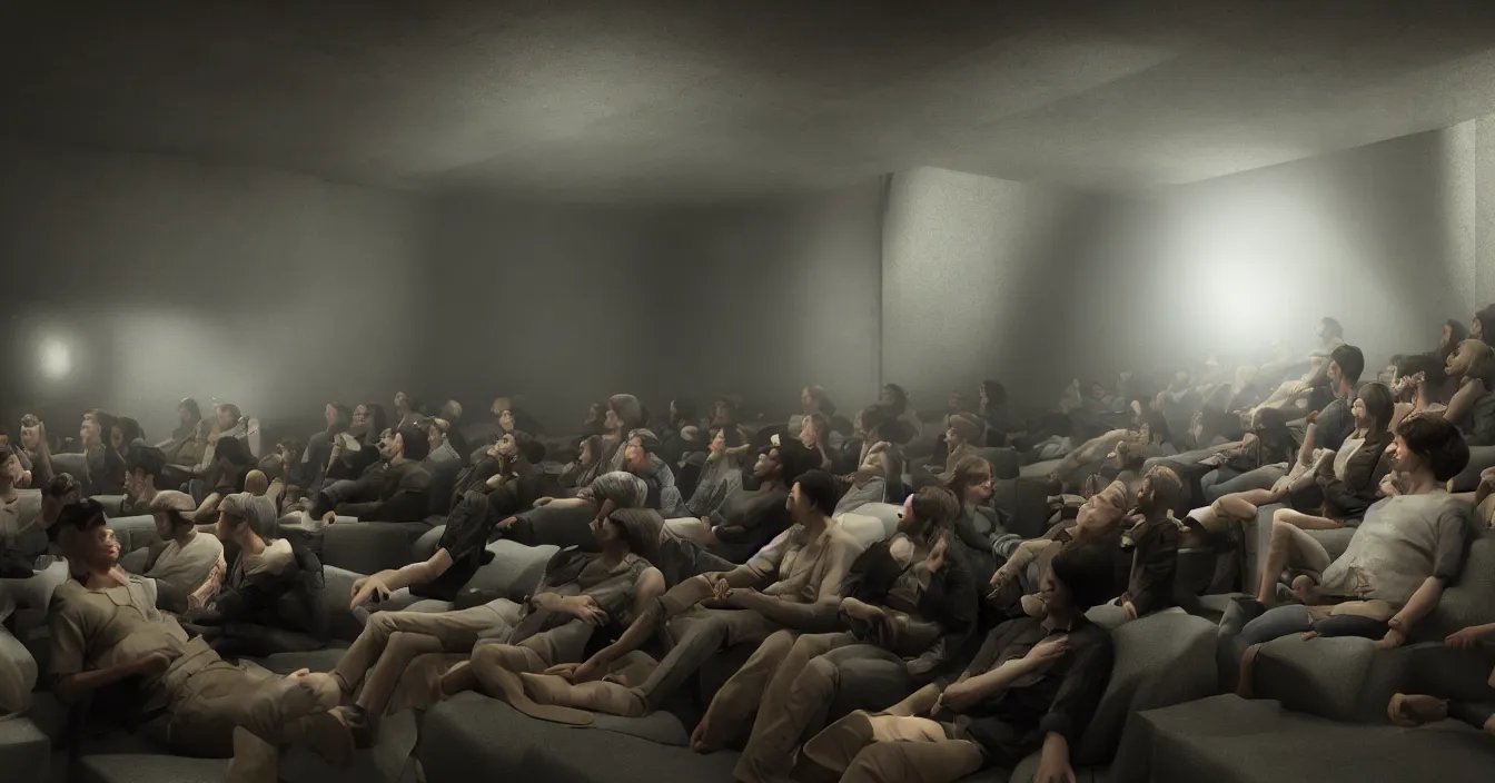 Image similar to human beings sit in the cinema and watch reflections of their lives on screen of life illusion, projecting by volumetric light of consciousness, realistic, deep sense of spirituality, visual plasticity, unreal engine quality, raytracing, vray shading, style of gustave courbet