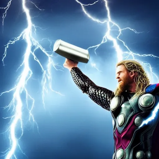 Image similar to “ thor holding his hammer high above his head, lightning and super storm in the background of a bay field, realistic, impressive, god rays, cinematic, stunning, high complexity, very detailed ”