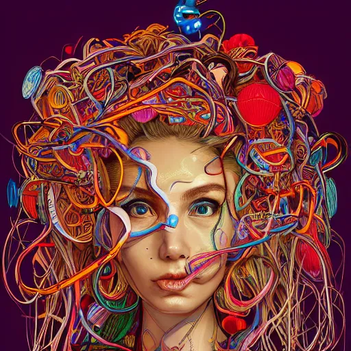 Image similar to the portrait of a ridiculously beautiful and pretty woman partially made of onion rings of all colors looking up, an ultrafine detailed illustration by james jean, final fantasy, intricate linework, bright colors, behance contest winner, vanitas, angular, altermodern, unreal engine 5 highly rendered, global illumination, radiant light, detailed and intricate environment