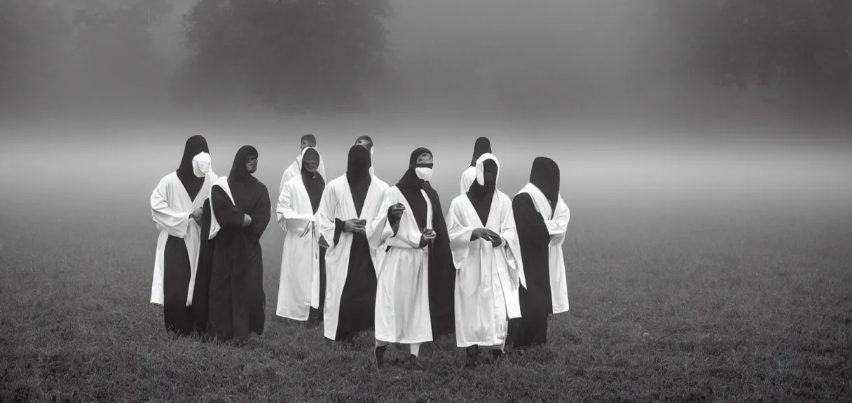 Image similar to Long Shot (LS) vintage black and white photo group of people dressing in white robes wearing white masks standing in the field, cinematic lighting, cinematic composition, cinematic atmosphere, misty foggy. Vogue photography Sigma 150-600mm f/5-6.3 lens, still winning photograph from a thriller movie.
