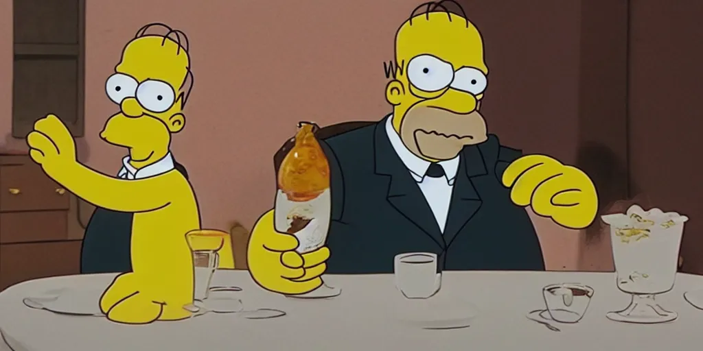 Prompt: homer simpson as don vito corleone, cinematic shot