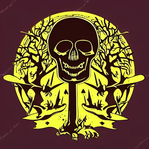 Image similar to dark death metal themed vector illustration for a record label, trees. forest, spikes, skull, microphone, skull, award winning, grunge, iconic, golden ratio