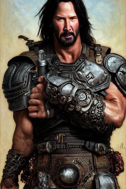 Image similar to ultra realistic illustration,, a hulking herculean keanu reeves with leather armour, from doom and warhammer, intricate, elegant, highly detailed, digital painting, artstation, concept art, smooth, sharp focus, illustration, art by artgerm and greg rutkowski and alphonse mucha