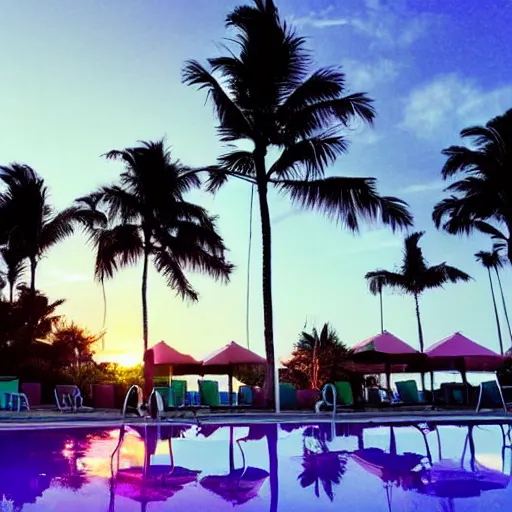 Image similar to motel, swimmingpool, sunset, palms, beach, sunset, vaporwave, pink, blue, green, purple, aesthetic.