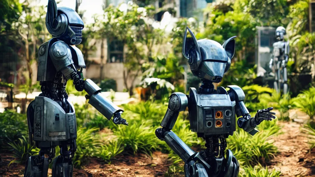 Prompt: film still from the movie chappie of the robot chappie shiny metal outdoor park plants garden scene bokeh depth of field several figures furry anthro anthropomorphic stylized cat ears head android service droid robot machine fursona