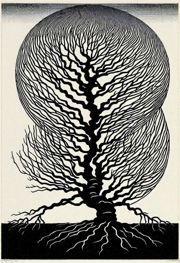 Image similar to prompt: magical white skeleton Bonsai tree roots merging into big moon drawn by Rene Magritte, Japanese woodblock print style, clean ink detailed line drawing, intricate detail, manga 1990