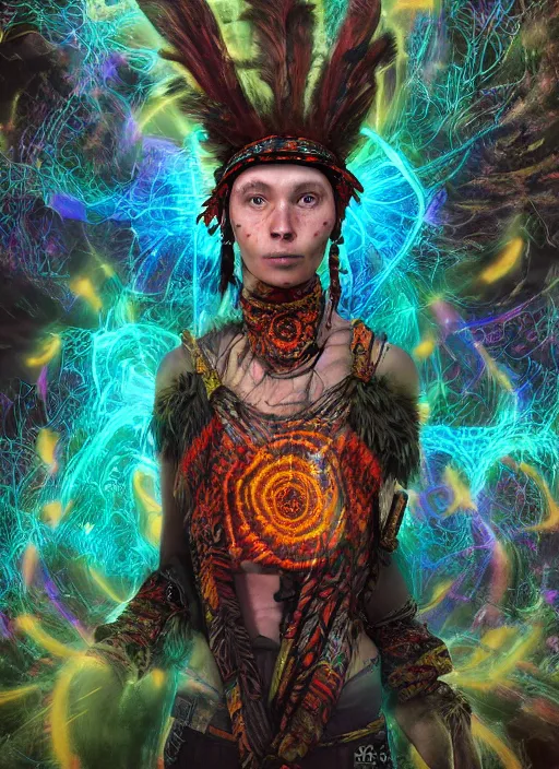 Image similar to An epic fantasy comic book style portrait painting of a wild- eyed shaman tripping on Ayahuasca, Shipibo textile patterns made of lasers, fisheye lens, unreal 5, DAZ, hyperrealistic, octane render, cosplay, RPG portrait, dynamic lighting