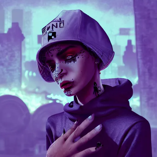 Image similar to digital painting of a streetwear woman holding back tears, a futuristic shanty town burns in the background, distress, tattoos, dark strokes, dark glitter, 4k, 8k, hd, full color, octane render, trending on artstation, highly detailed