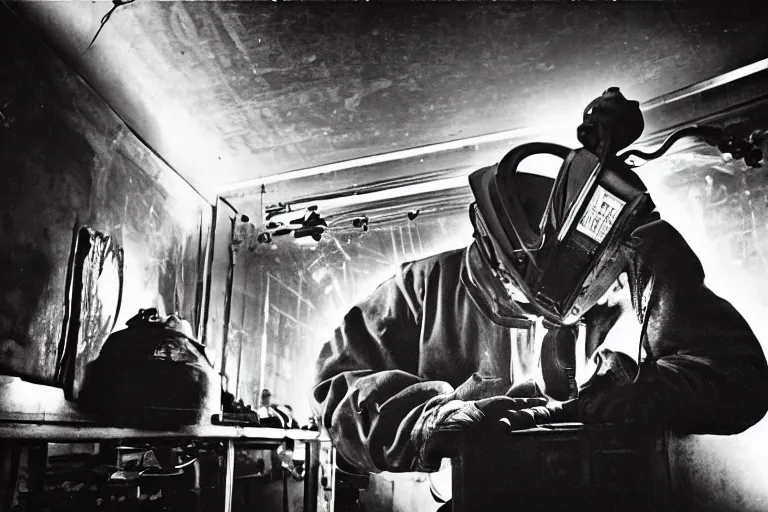 Image similar to welder in welding mask in a berlin dance club, ominous lighting, by richard avedon, tri - x pan stock