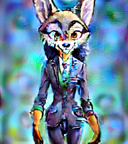Image similar to oil painting of full body of anthromorphic female wolf, in style of zootopia, zootopia, zootopia, fursona, furry, furaffinity, 4 k, deviantart, furry art, fursona art, wearing black business suit, business suit, in style of zootopia, wolf fursona, cyberpunk, female, expressive detailed feminine face,