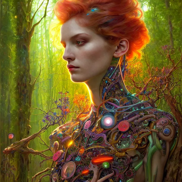 Prompt: bright psychedelic portrait of intelligent organic cyborg in an ancient forest, diffuse lighting, fantasy, intricate, elegant, highly detailed, lifelike, photorealistic, digital painting, artstation, illustration, concept art, smooth, sharp focus, art by John Collier and Albert Aublet and Krenz Cushart and Artem Demura and Alphonse Mucha