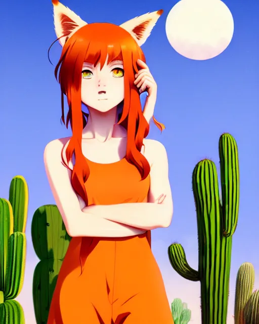 Image similar to portrait of cute redhead foxgirl in orange jumpsuit with fox ears by ilya kuvshinov, holding a cactus, cloudy sky background lush landscape illustration concept art anime key visual trending pixiv fanbox by wlop and greg rutkowski and makoto shinkai and studio ghibli