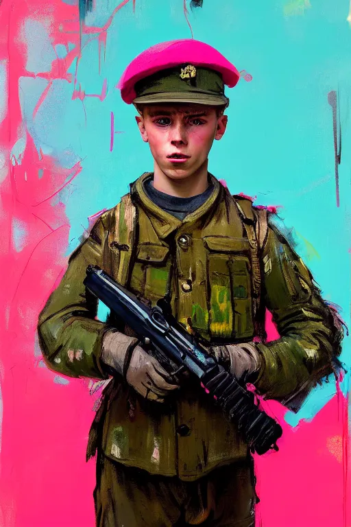 Prompt: portrait of a young soldier boy nor living in a death postapoliptic world, painted in acrylic, in the colors hot pink and cyan, beautiful realistic face, rule of thirds, dutch soldier outfit, spotlight, by greg rutkowski, by jeremy mann, by francoise nielly, by van gogh, digital painting