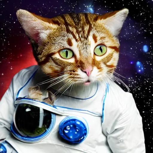 Prompt: cat in spacesuit with hamster in her mouth