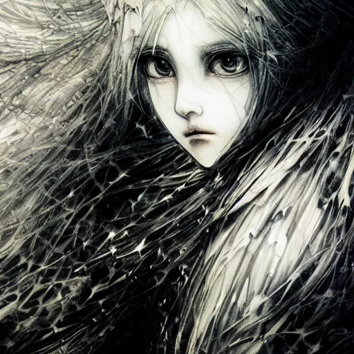 Prompt: yoshitaka amano blurred!!! and dreamy illustration of an anime girl with wavy white hair and cracks on her face wearing elden ring armor with the cape fluttering in the wind, abstract black and white patterns on the background, noisy film grain! effect, highly detailed, renaissance oil painting, weird portrait angle