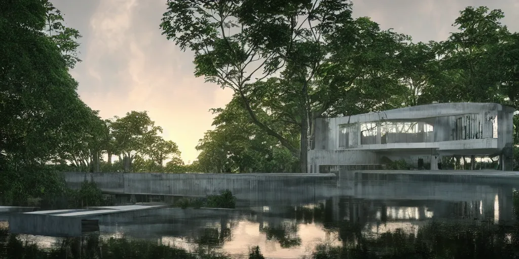 Image similar to a stunningly detailed arts center designed by Le Corbusier, surrounded by lush green forest, ponds of water, stunning volumetric lighting, sunset, metal, concrete, stunning skies, trending on Artstation, 8k, photorealistic, hyper detailed, unreal engine 5, IMAX quality, cinematic, epic lighting, in the style of Greg Rutkowski