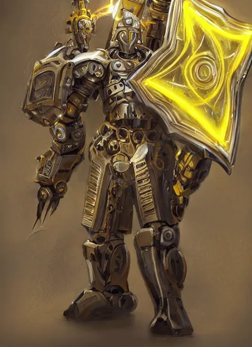 Image similar to full body, dynamic attack position abstract portrait of a intricate glorious holy mechanical warforged character in yellow armor holding a paladin engraved great longsword drawn and carrying a big paladin shield, glowing!!!! eye!!!!!, face in focus, pit droid, epic , trending on ArtStation, masterpiece, cinematic lighting, by Ross Tran and by Greg Rutkowski