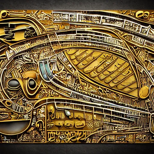 Prompt: hieroglyphic futuristic graffiti representing music score, intricate, complex, shiny, <gold>, high quality, high detail, artstation, 4k resolution