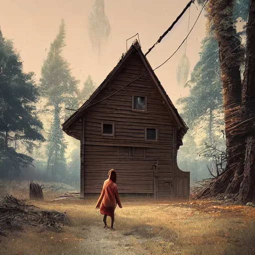 Image similar to woman leaving her wooden broken house by simon stålenhag, very highly detailed, award winning, rendered by Beeple, by Makoto Shinkai, syd meade, starwars, space art concept, digital art, unreal engine, blender, WLOP, trending on artstation, 4K UHD image, octane render