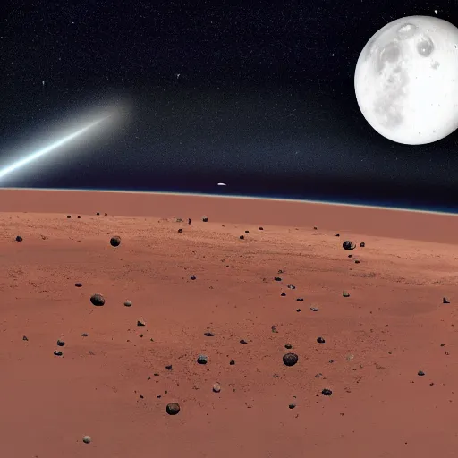 Prompt: planet mars colliding with planet earth creating a huge crater spitting out debris to space and several small asteroids start flying around in space, stars in the background, moon is visible, sun is not visible