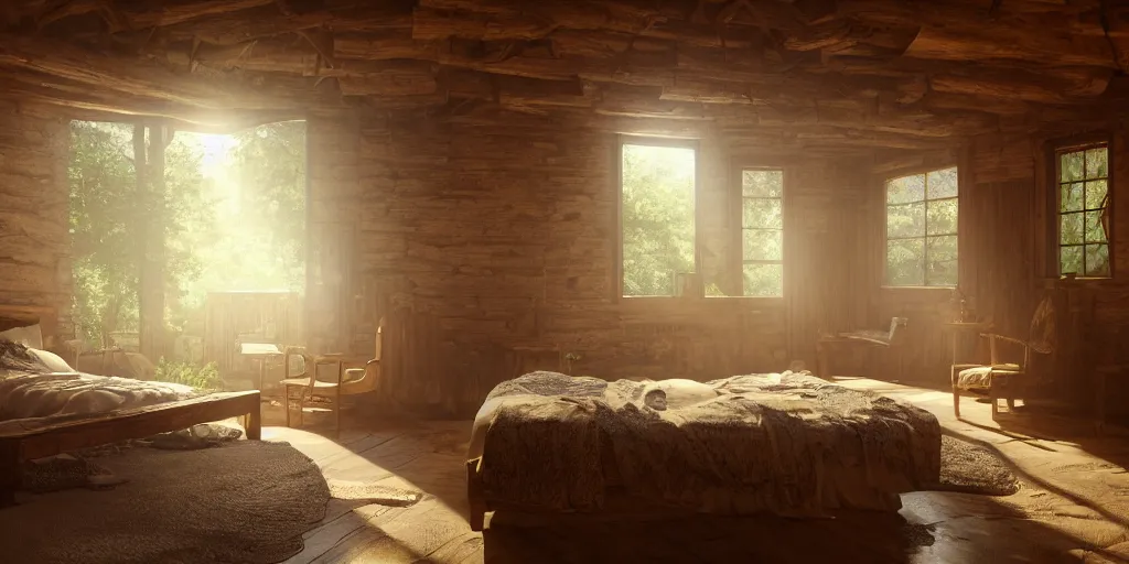 Image similar to A rustic old-fashioned wooded homey bedroom with dappled lighting and god-rays protruding in the style of Greg Rutkowski, oil painted, rendered in unreal engine, rendered in octane, trending on artstation, artstationHQ, artstationHD, artstation 4K, 8k resolution, professional grade, professional photography.