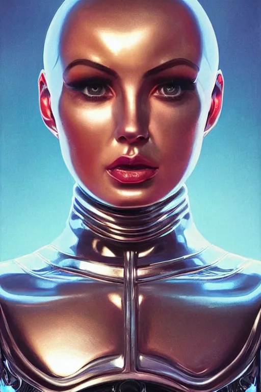 Image similar to retro-futuristic facial portrait of a beautiful female android in vintage used look chrome armour, rim light, ornate pattern, glowing eyes, evil expression, high details, intricate details, painting by vincent di fate, artgerm julie bell beeple, 80s, Smooth gradients, High contrast, depth of field, very coherent symmetrical artwork