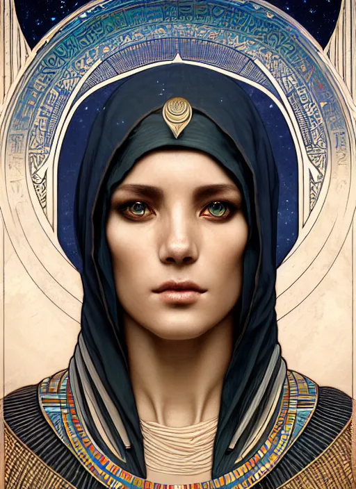 Image similar to close up portrait of noble khonsu under moonlight, egyptian symbolism, white eyes no pupils, hooded african man wrapped in linen by artgerm, cushart krenz, greg rutkowski, mucha. art nouveau. gloomhaven, swirly lunar ripples, pale colors, soft edges. ultra clear detailed. 8 k. elegant, intricate, octane render