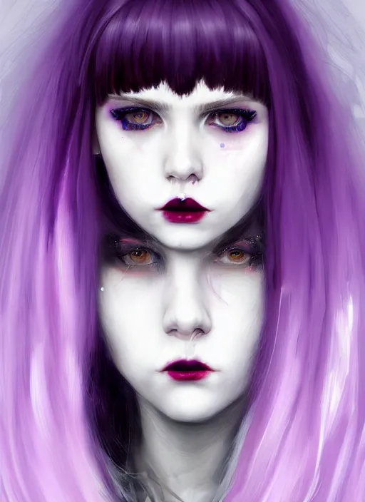 Image similar to portrait of white teenage girl, normal face, white bangs, mall goth, cyberlox, black and white hair, bangs, fluffy bangs, red contact lenses, purple lipstick, intricate, elegant, highly detailed, digital painting, artstation, concept art, sharp focus, smooth, illustration, art by wlop, mars ravelo and greg rutkowski