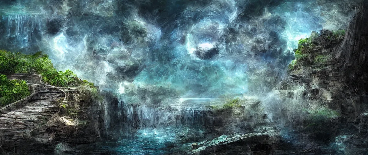 Image similar to a crumbling island in space, waterfalls, in style bruce ricker, digital art, detailed, depth of field