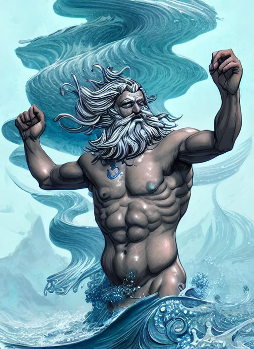 Image similar to an illustration of poseidon, fantasy, highly detailed, digital painting, refreshing, trending on artstation, concept art, smooth, illustration by james jean