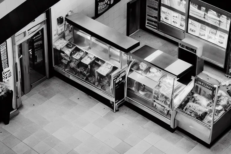 Image similar to overhead view, surveillance, black and white, grainy image, an empty fast food restaurant lobby with a lion that is roaring