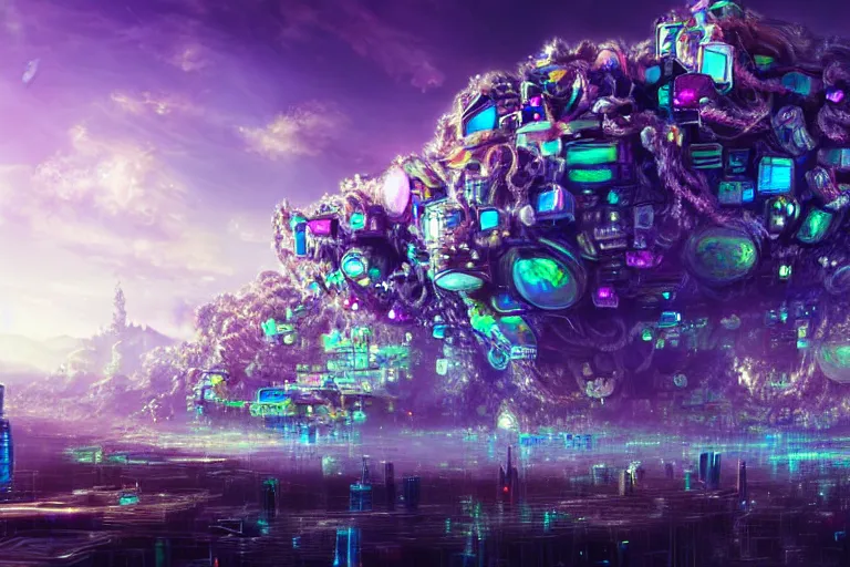 Prompt: simplicity, a huge flock of many ornate iridescent puffy filigreed clouds tangled into large whirling ultra detailed crystal specimens, cyberpunk environment, playful, award winning art, epic dreamlike fantasy landscape, ultra realistic,